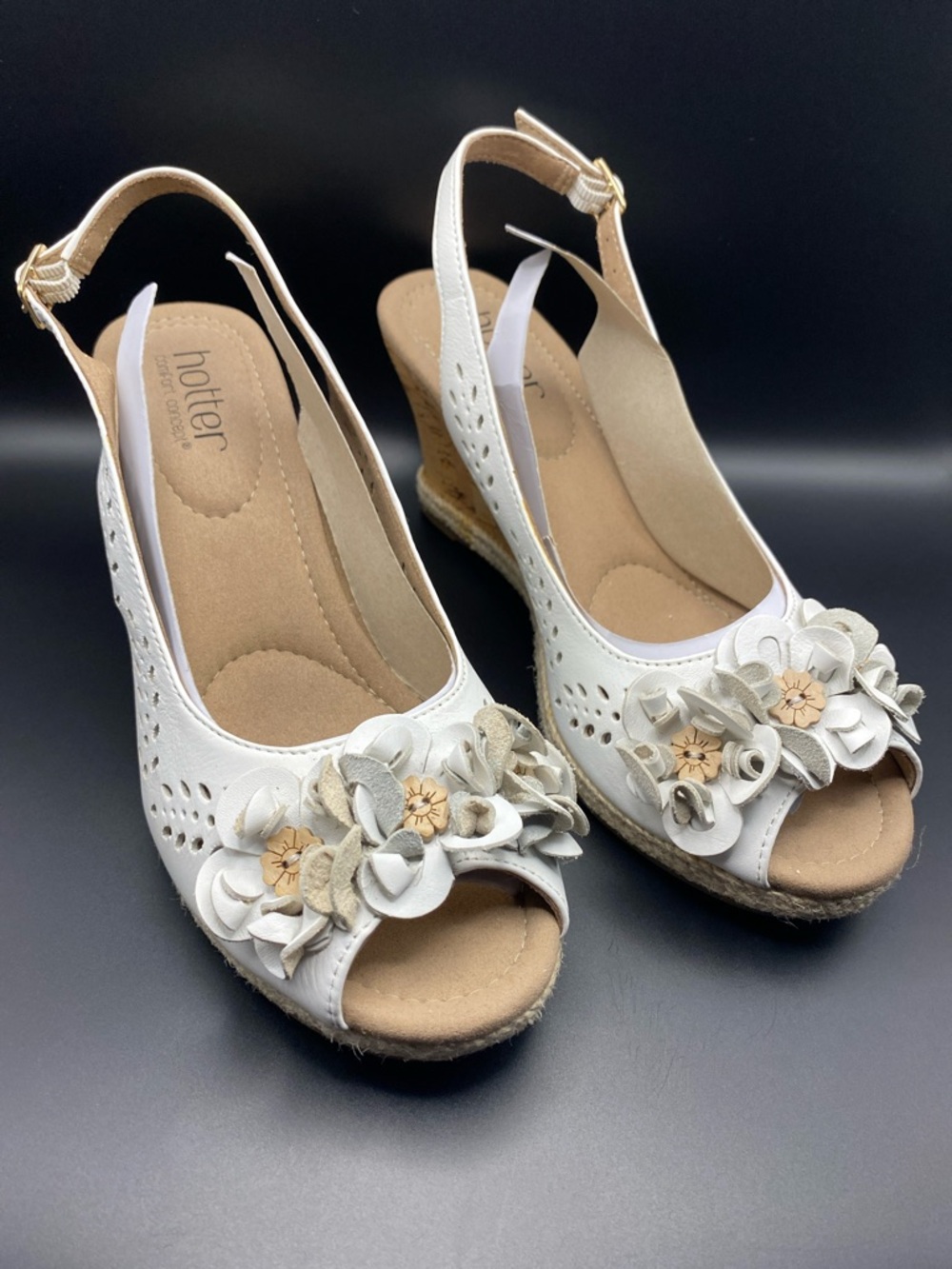 Hotter Hattie Peep Toe Bone Leather Cork Espadrille Wedges US 7 1/2